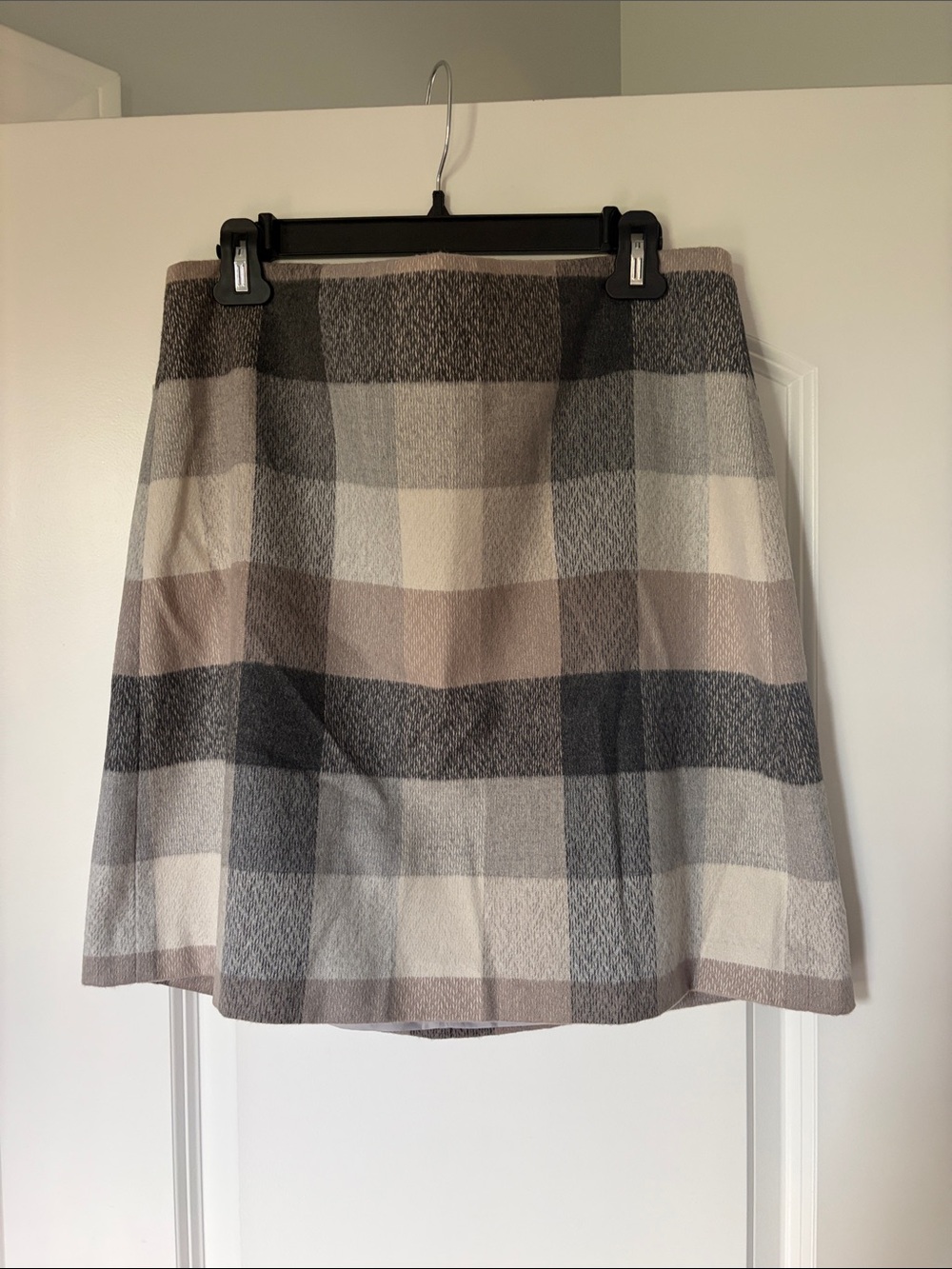 LOFT Plaid A-Line Skirt in Cream, Gray, and Taupe